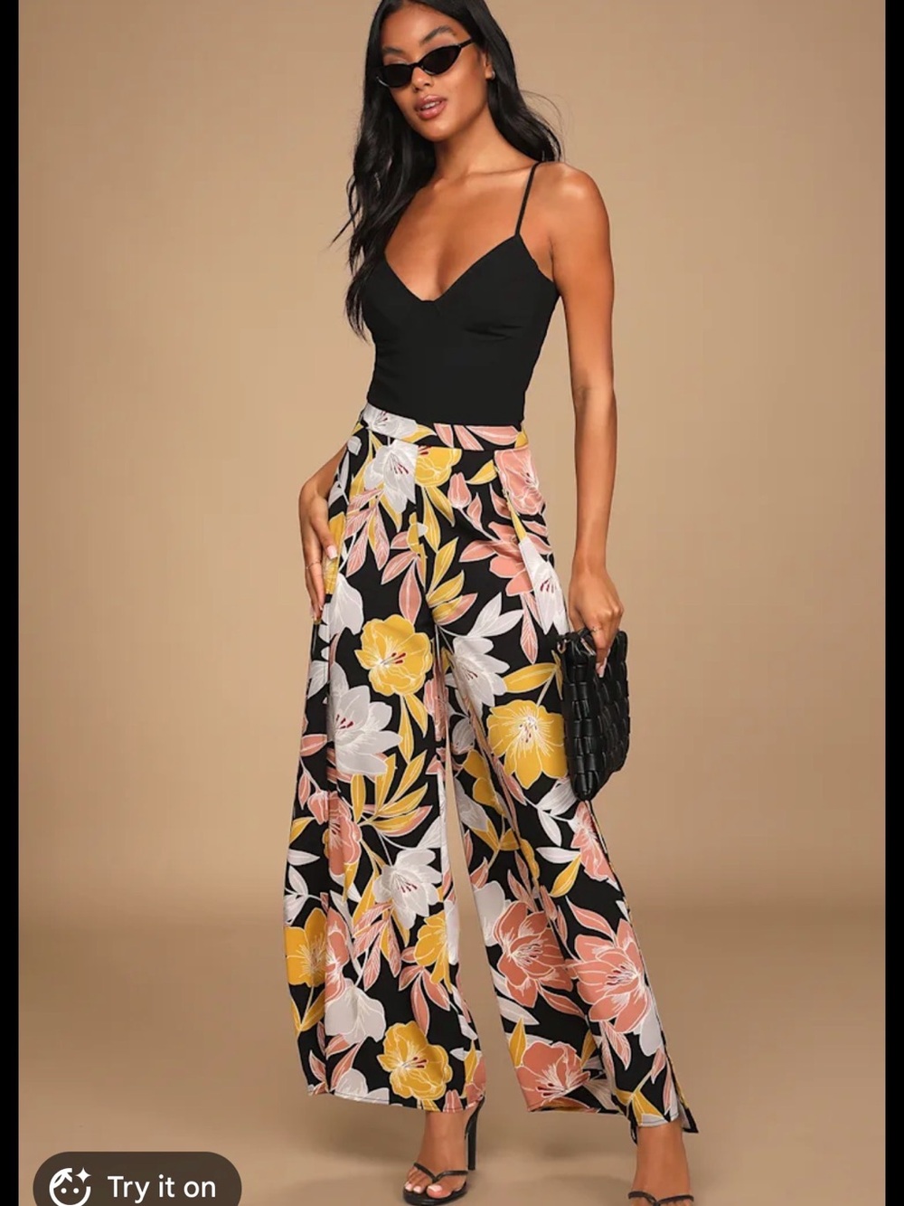 Lulu's Black Wide-Leg Pants with Pink, Yellow & White Floral Print
